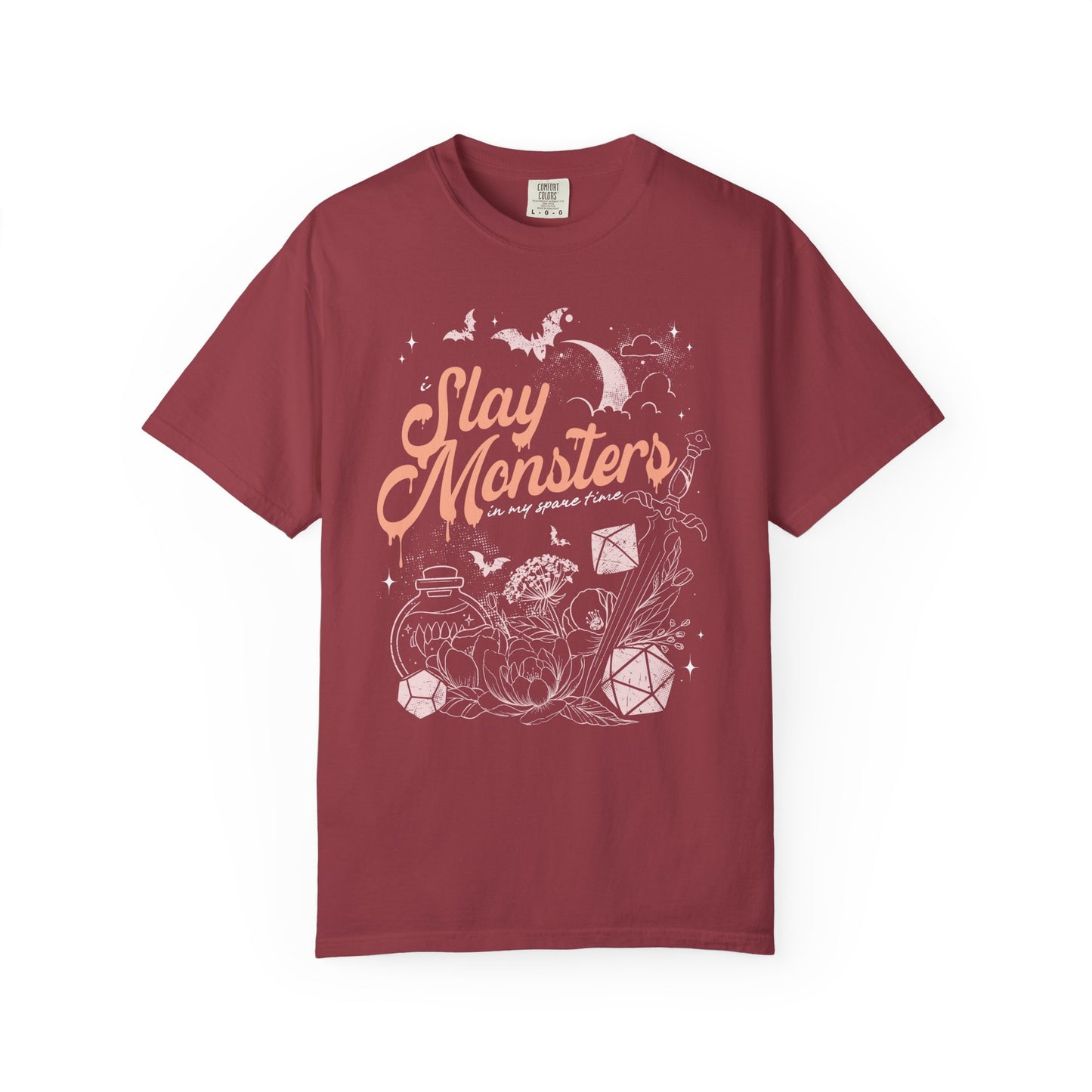 “I Slay Monsters in My Spare Time” Comfort Colors Tee | Dark Fantasy TTRPG Graphic T-Shirt | Gothic Tabletop Gamer Shirt