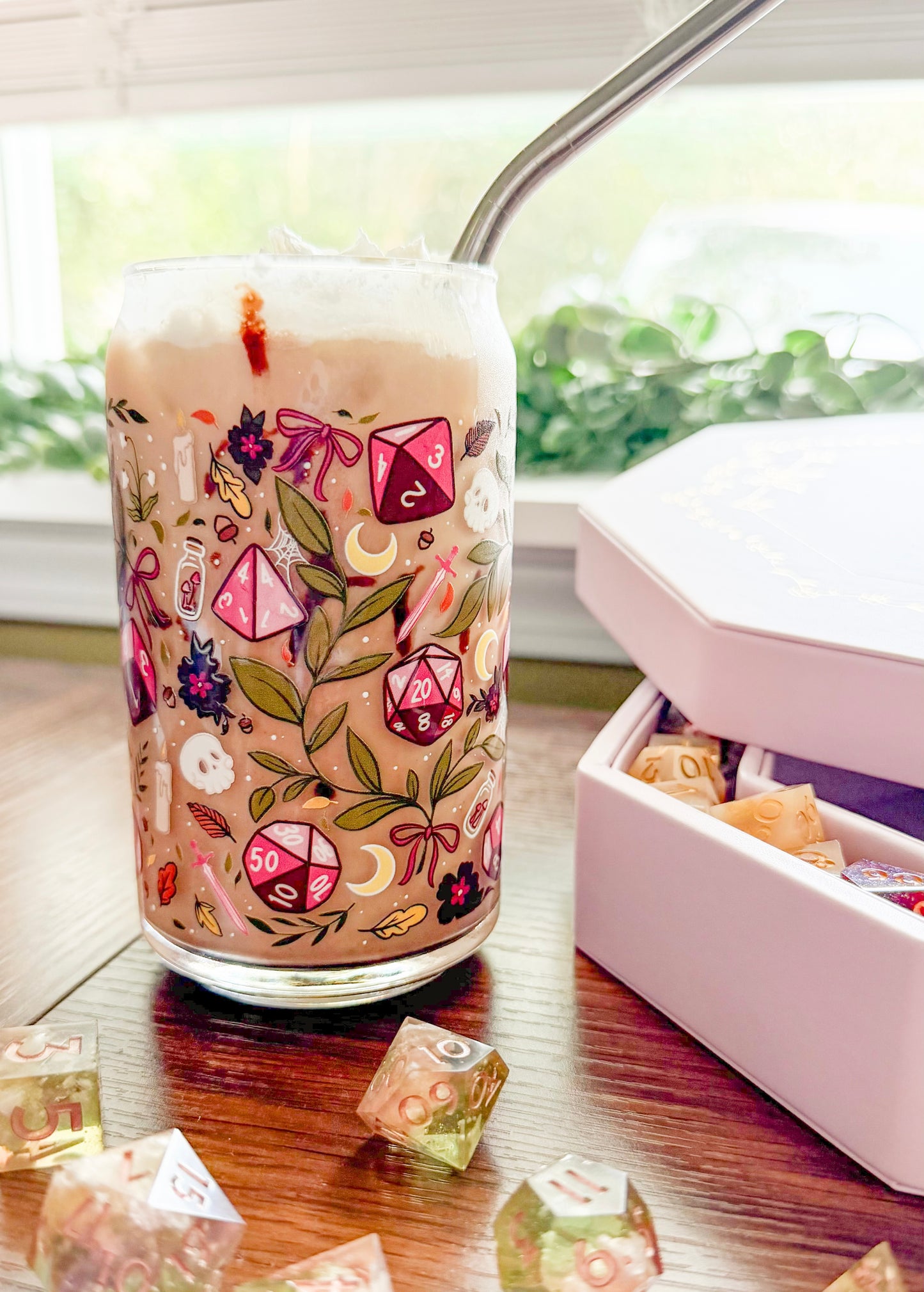 TTRPG Autumn Dice Glass Cup with Straw | Botanical Fantasy TTRPG Iced Coffee Cup | Tabletop Gaming Gift for Dungeon Master, Game Master & Dice Goblin