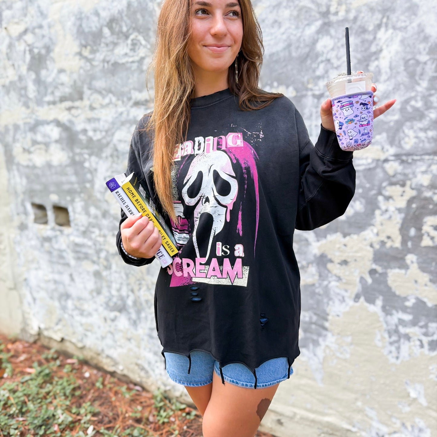 Reading Is A Scream Snow Wash Raw Edge Cotton T-Shirt
