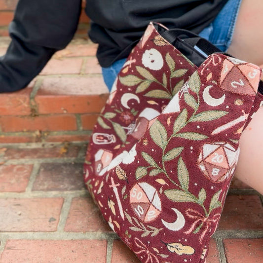 Dark Botanical Dice Tote Bag | Woven TTRPG Tote | Skulls, Moons & Dice