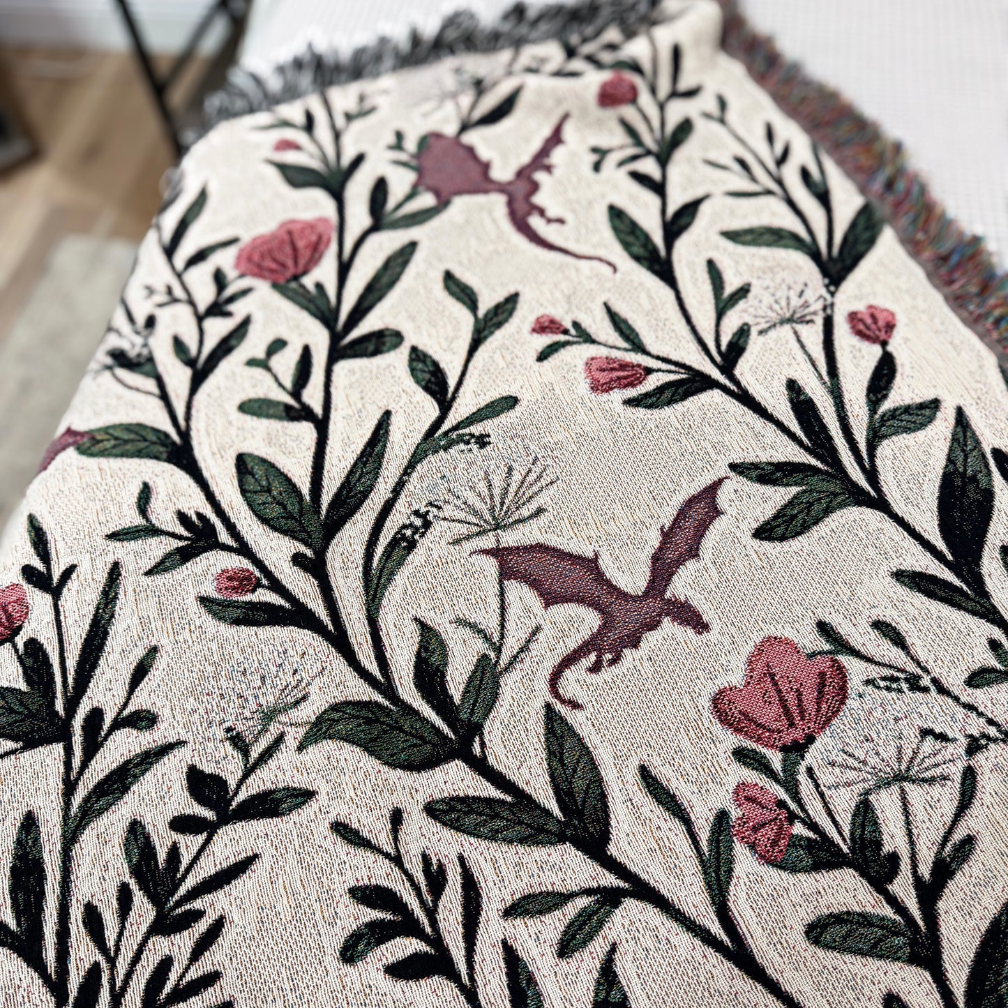 Fantasy Floral Dragons Woven Blanket, Fantasy Book Lover Gift, Romantasy Reader