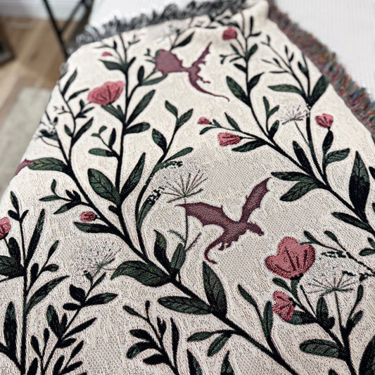 Fantasy Floral Dragons Woven Blanket, Fantasy Book Lover Gift, Romantasy Reader
