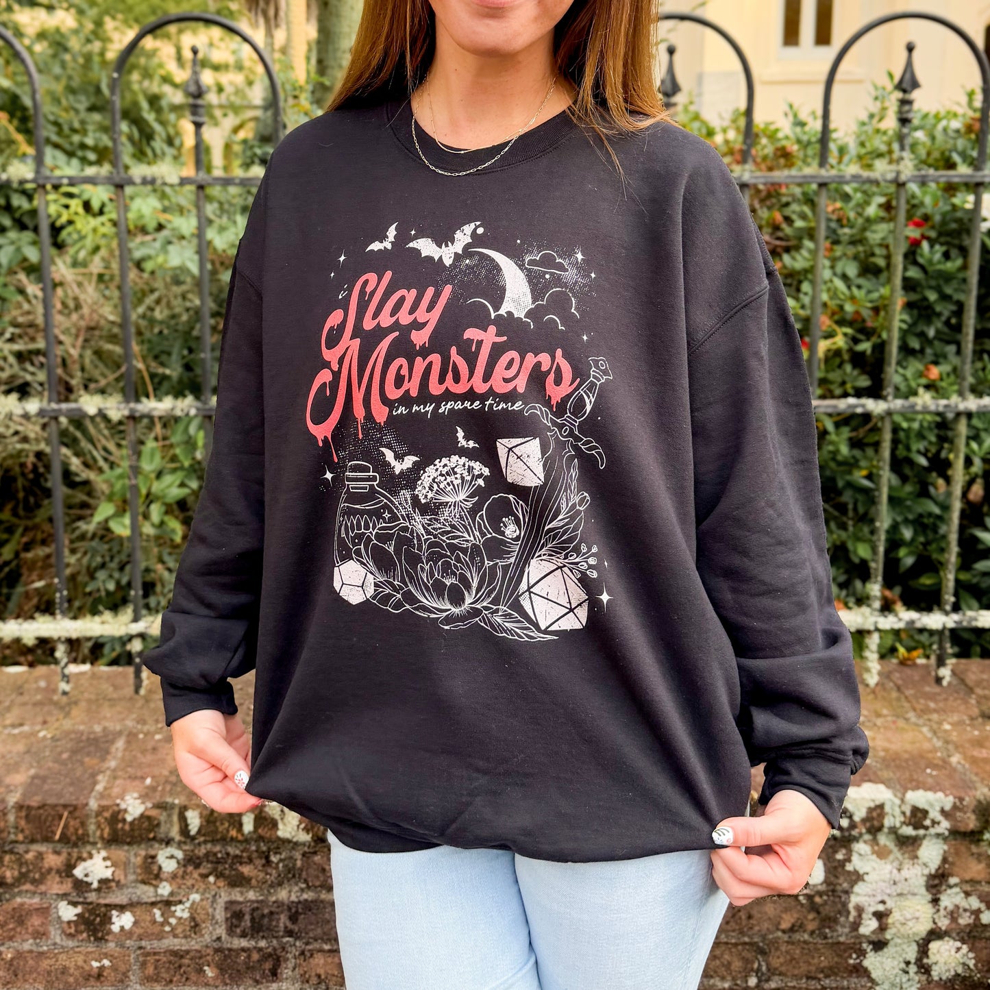 “I Slay Monsters in My Spare Time” Sweatshirt | Dark Fantasy TTRPG Crewneck | Gothic Tabletop Gamer Sweatshirt