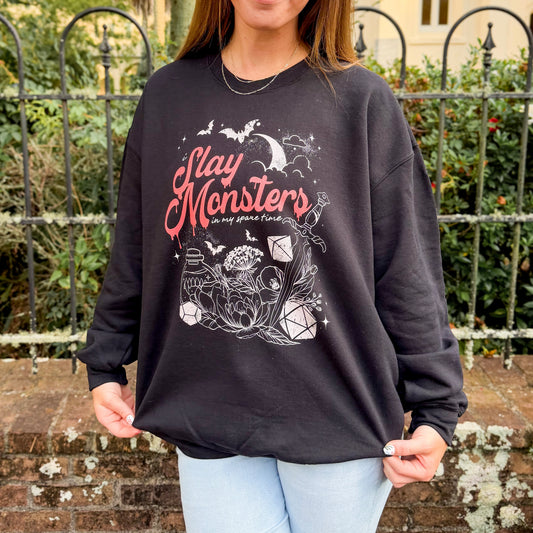“I Slay Monsters in My Spare Time” Sweatshirt | Dark Fantasy TTRPG Crewneck | Gothic Tabletop Gamer Sweatshirt
