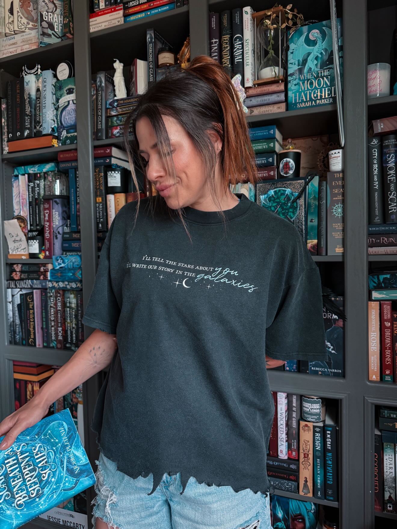 I’ll Tell The Stars About You Vintage Wash Boxy Distressed Hem T-Shirt | Officially Licensed Scars Beneath a Serpent’s Scales Tee | Nicole Platania Fantasy Book Shirt