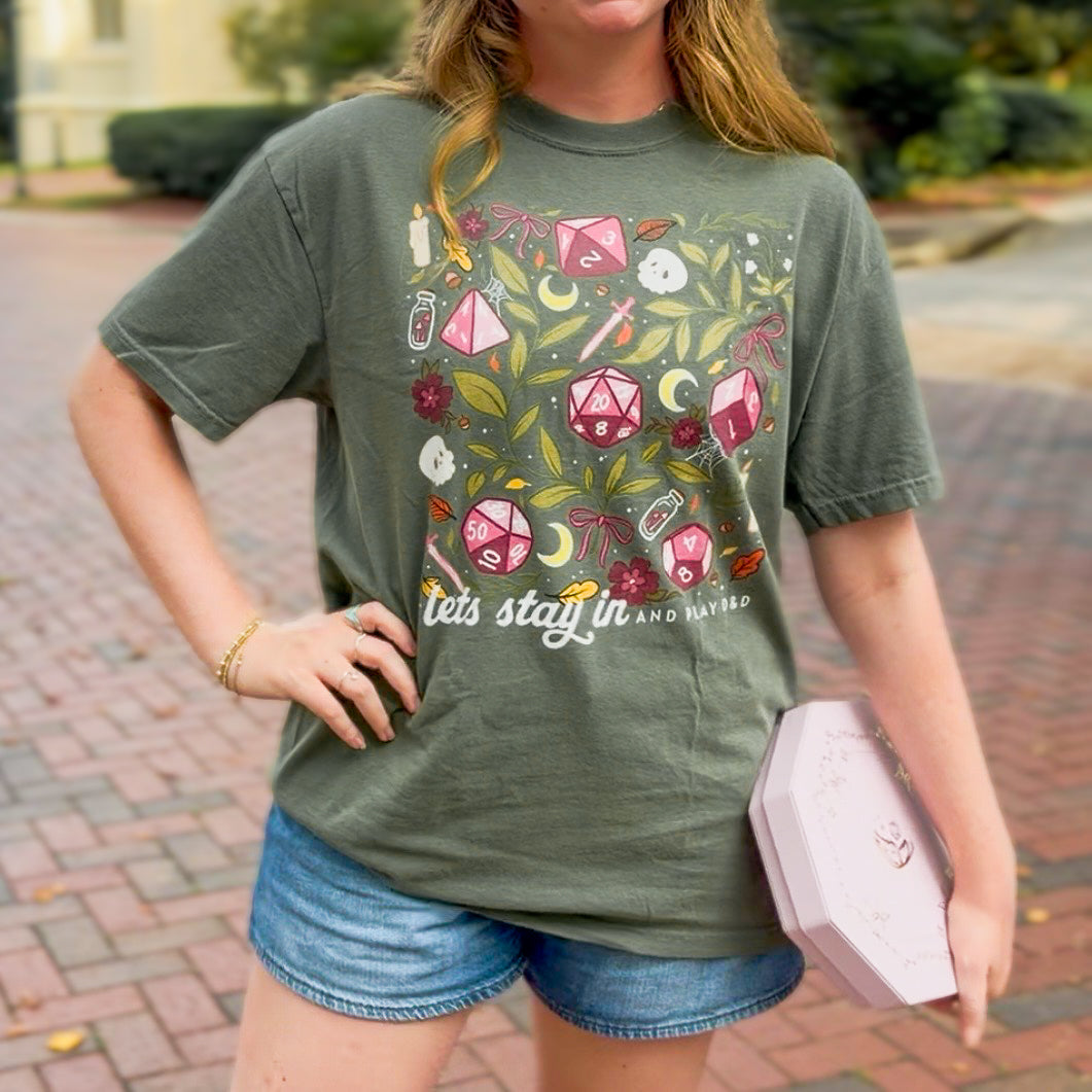 “Let’s Stay In” Tabletop Game Night Tee | Dark Academia Dice & Botanical Comfort Colors Shirt | Cozy TTRPG Graphic T-Shirt