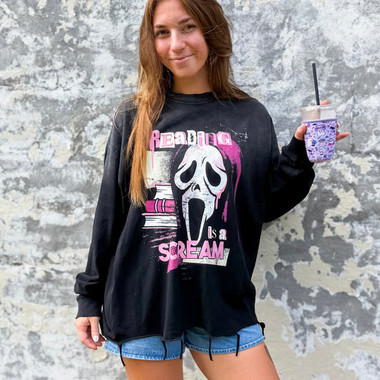 Reading Is A Scream Snow Wash Raw Edge Cotton T-Shirt