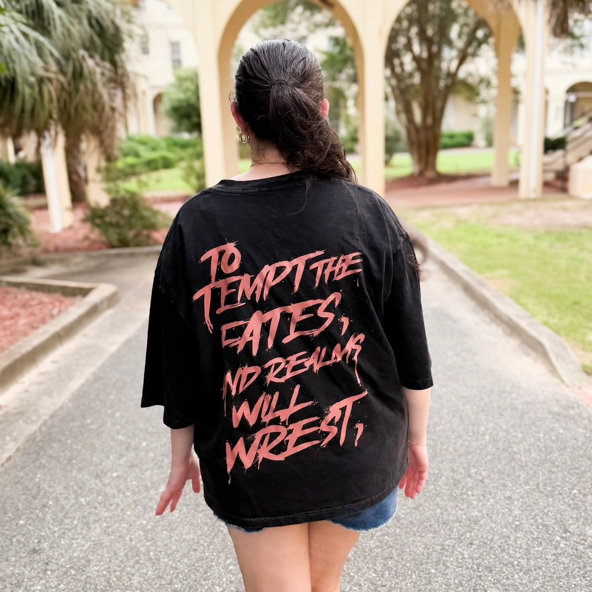 To Tempt the Fates and Realms Will Wrest Oversized Mineral Wash Boxy Tee | Officially Licensed Nicole Platania Shirt