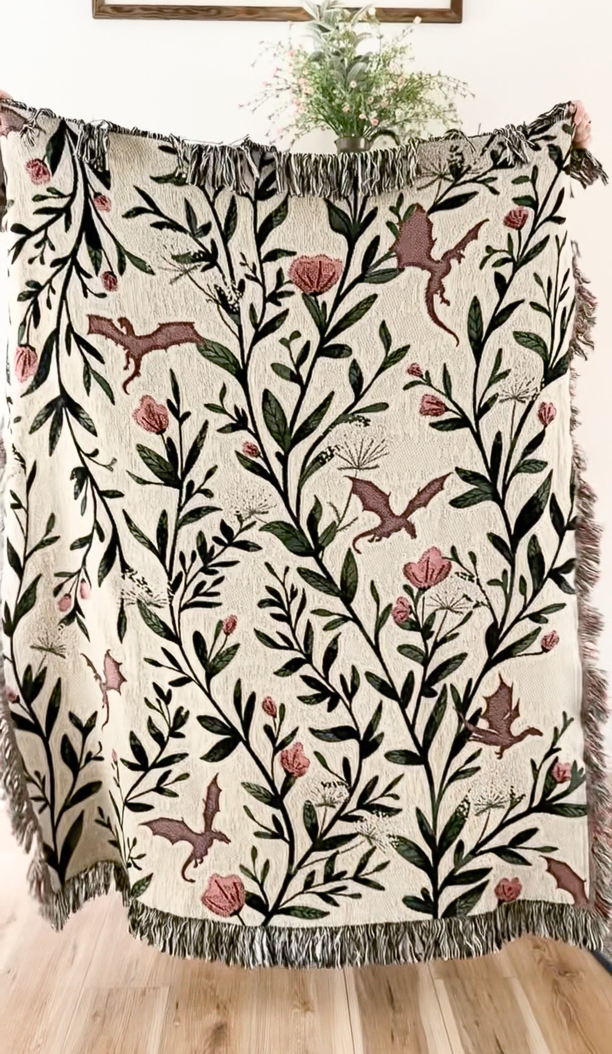Fantasy Floral Dragons Woven Blanket, Fantasy Book Lover Gift, Romantasy Reader