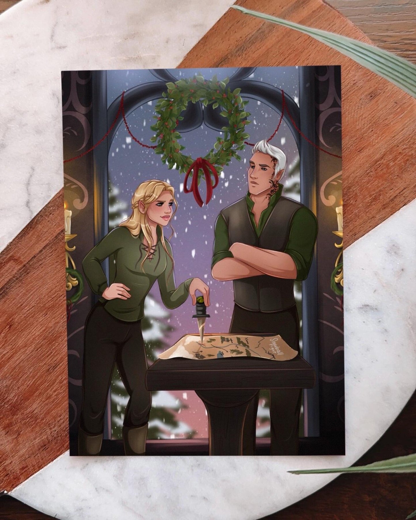 Fantasy Couple Snowball Fight 5x7 Inch Illustrated Art Print