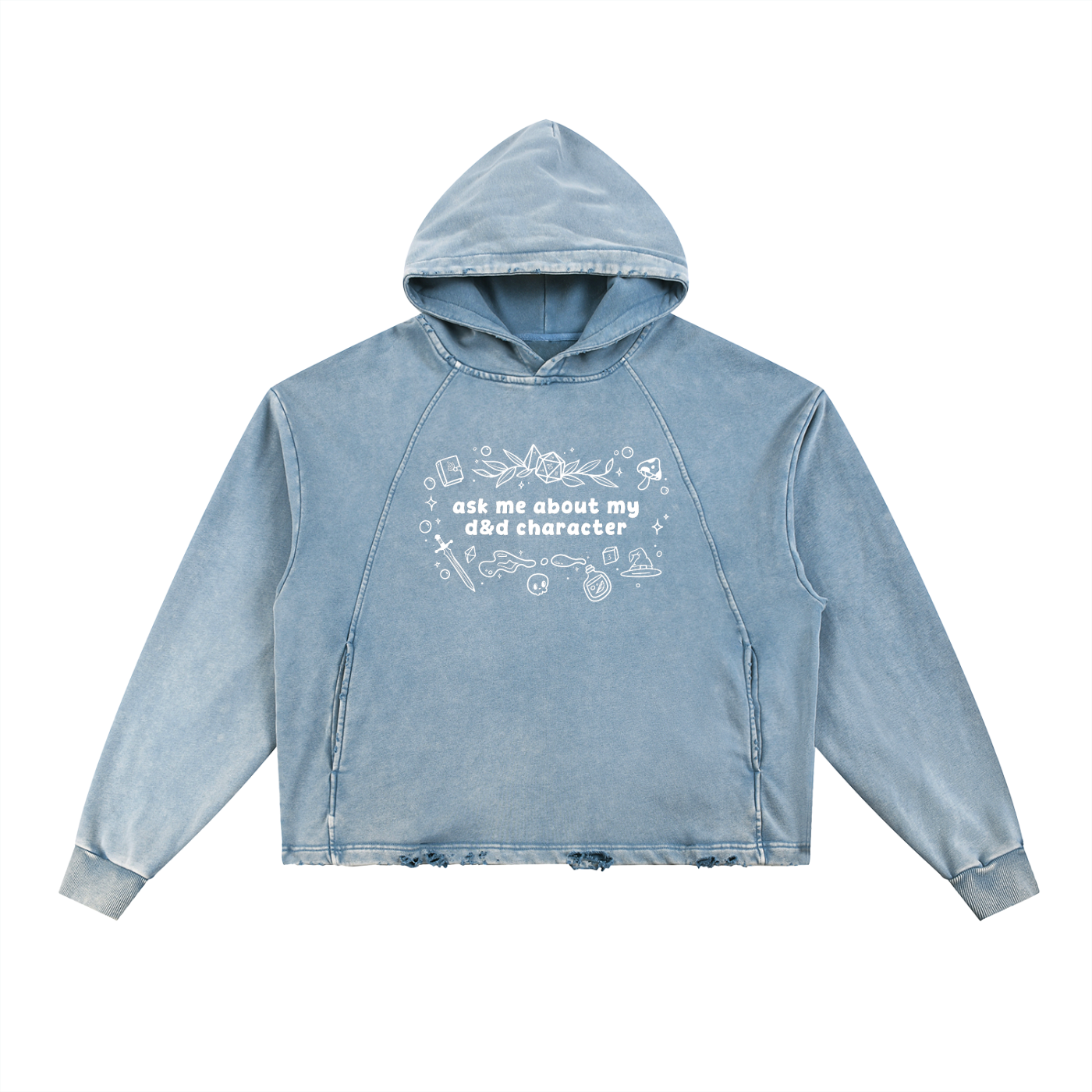 Vintage washed blue oversized fantasy RPG hoodie with white “ask me about my character” graphic surrounded by magical tabletop-inspired doodles including dice, potions, spellbooks, and swords.
