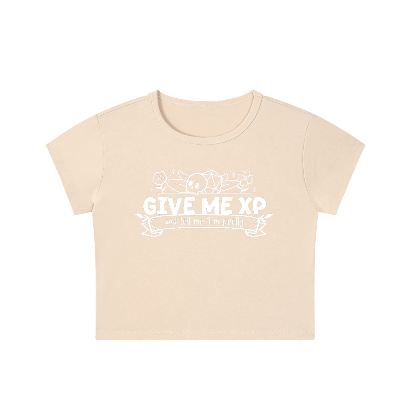 Give Me XP and Tell Me I’m Pretty Women’s Snow Washed Cropped Baby Tee | Cute Fantasy Tabletop RPG Shirt | Gamer Girl Crop Top