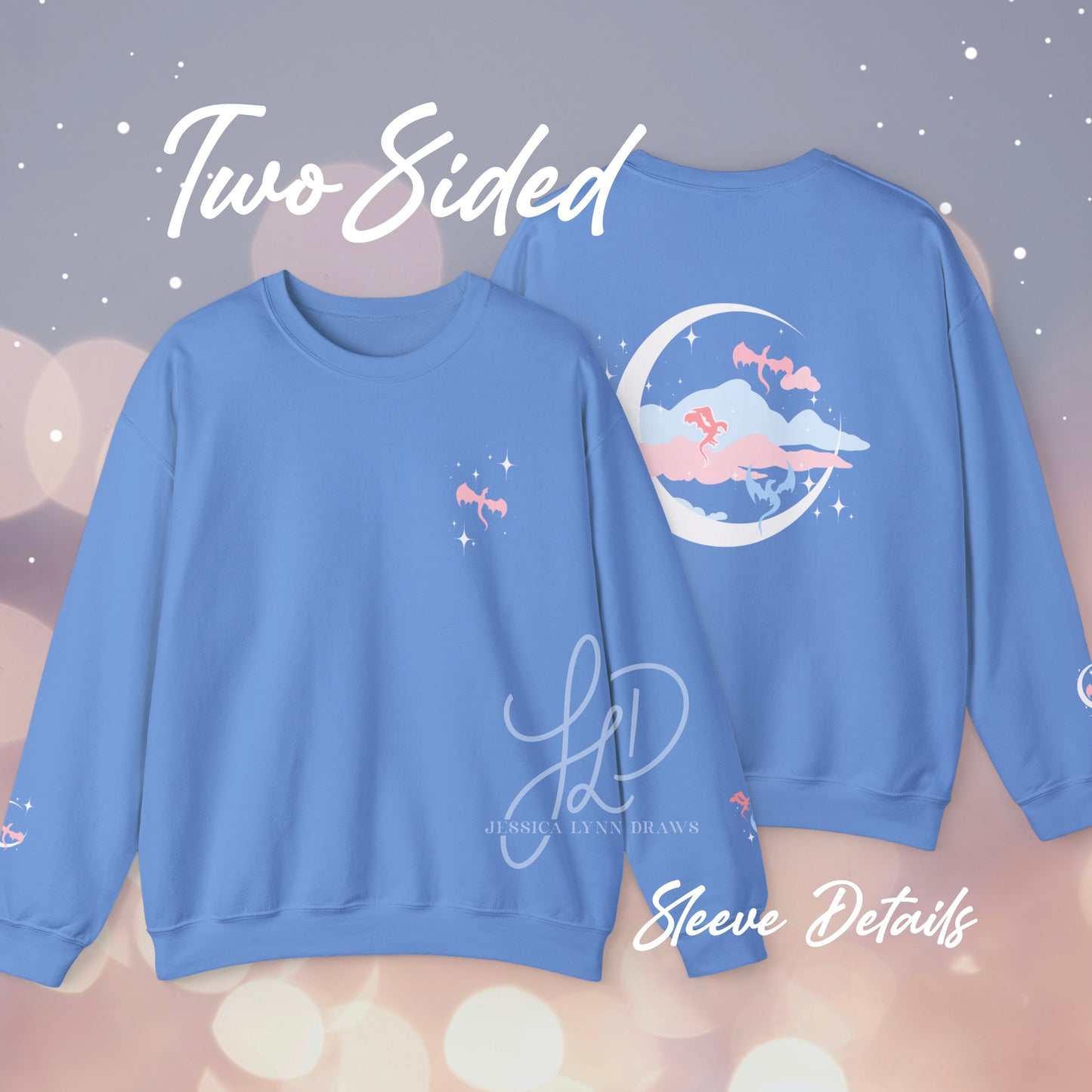 Celestial dragon crewneck sweatshirt, pastel pink and blue