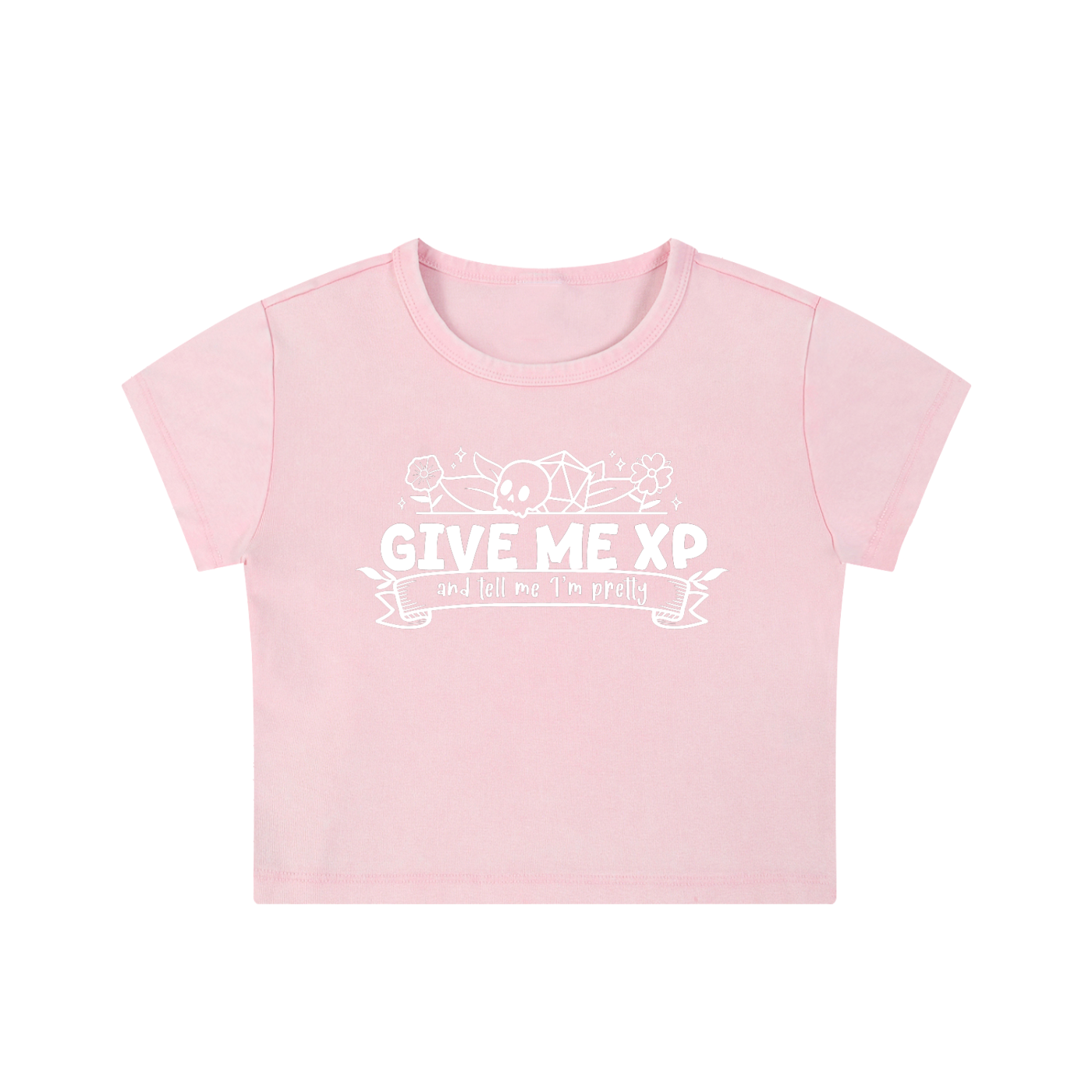 Women’s cropped baby tee featuring the phrase “Give Me XP and Tell Me I’m Pretty” with fantasy dice, skull, flowers, and whimsical tabletop RPG-inspired artwork.