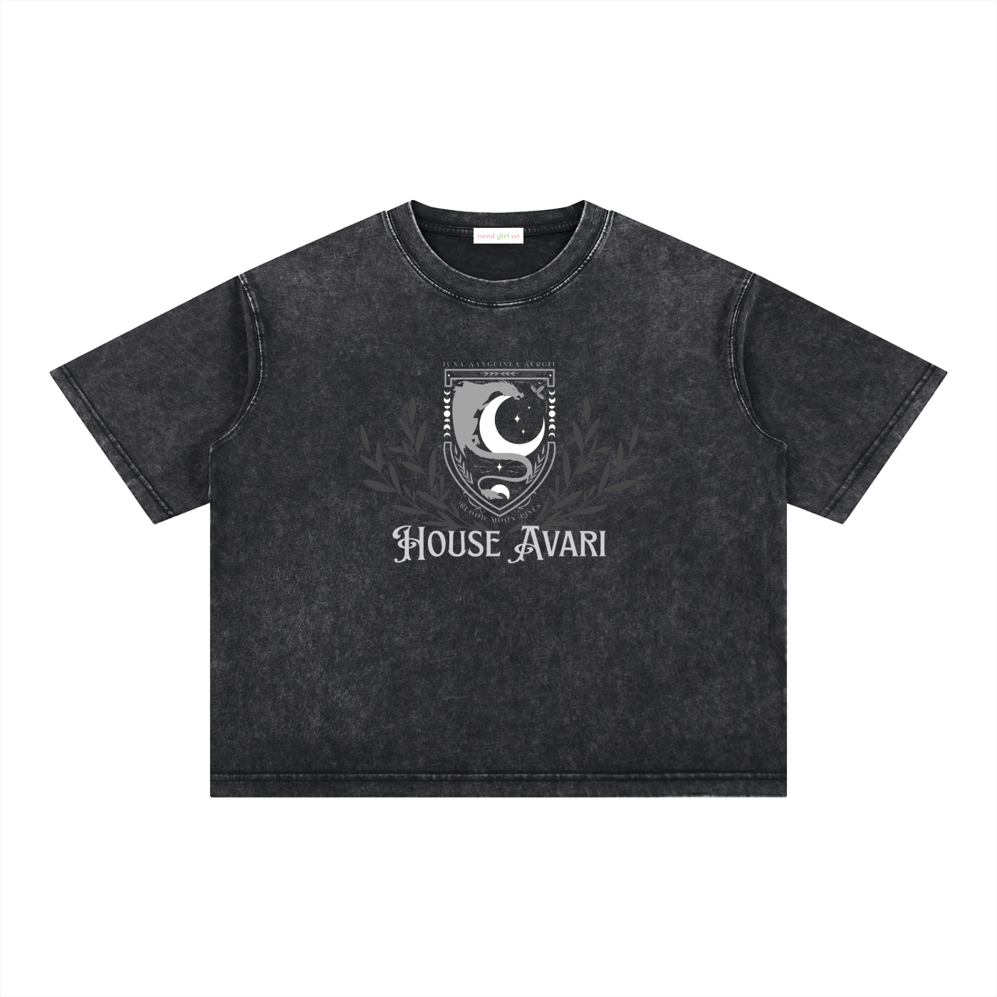 Black mineral wash oversized boxy t-shirt featuring House Avari crest artwork inspired by the Bloodwing Academy fantasy romance series.