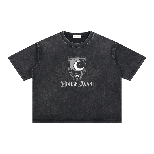 Black mineral wash oversized boxy t-shirt featuring House Avari crest artwork inspired by the Bloodwing Academy fantasy romance series.