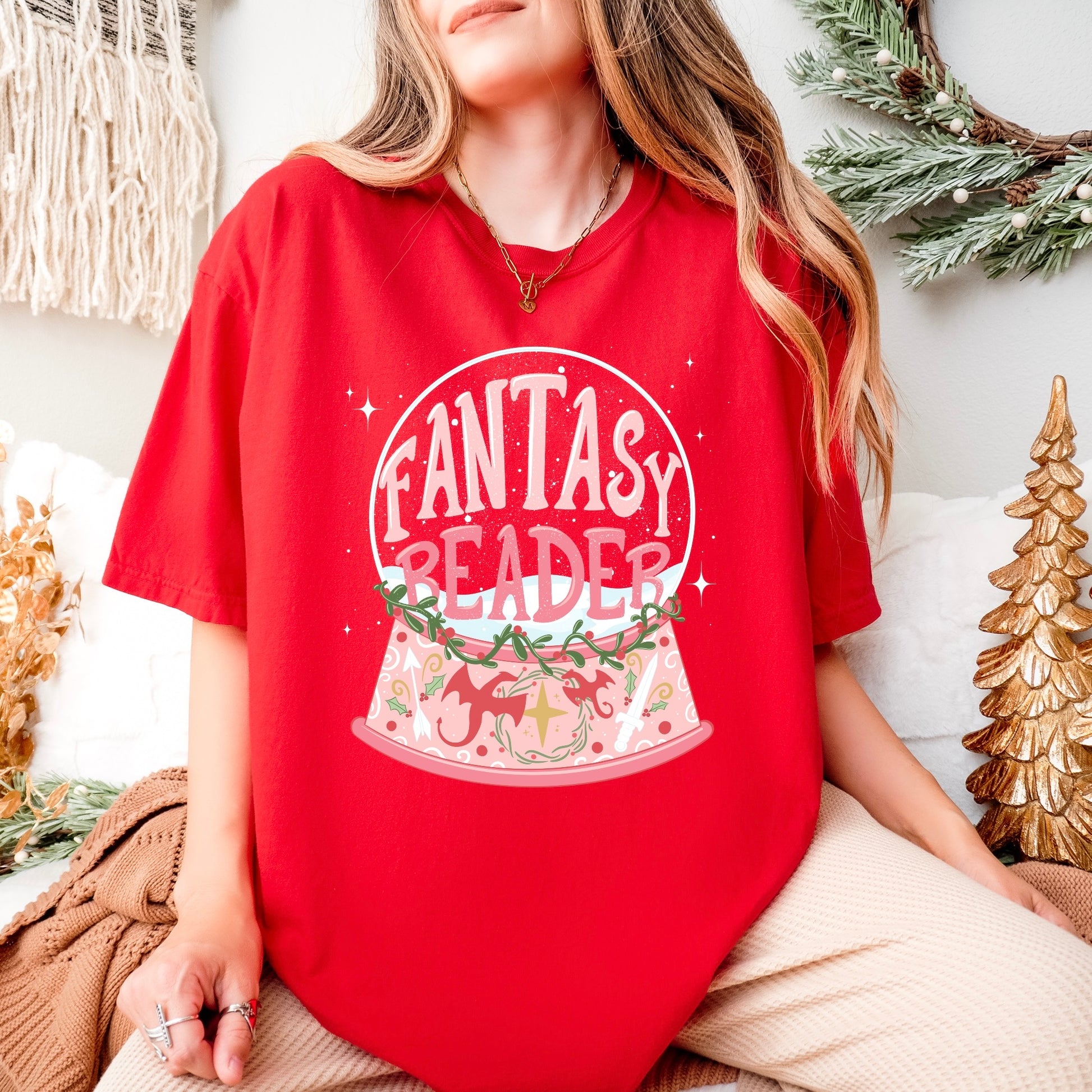Woman wearing bookish fantasy reader tee, relaxed fit