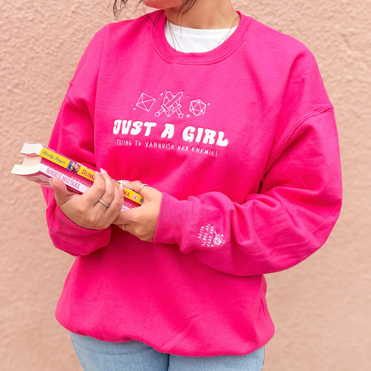 just a girl dnd embroidered sweatshirt dice sword design, dungeons and dragons sweatshirt cozy tabletop gamer outfit, dnd crewneck aesthetic fantasy clothing embroidered